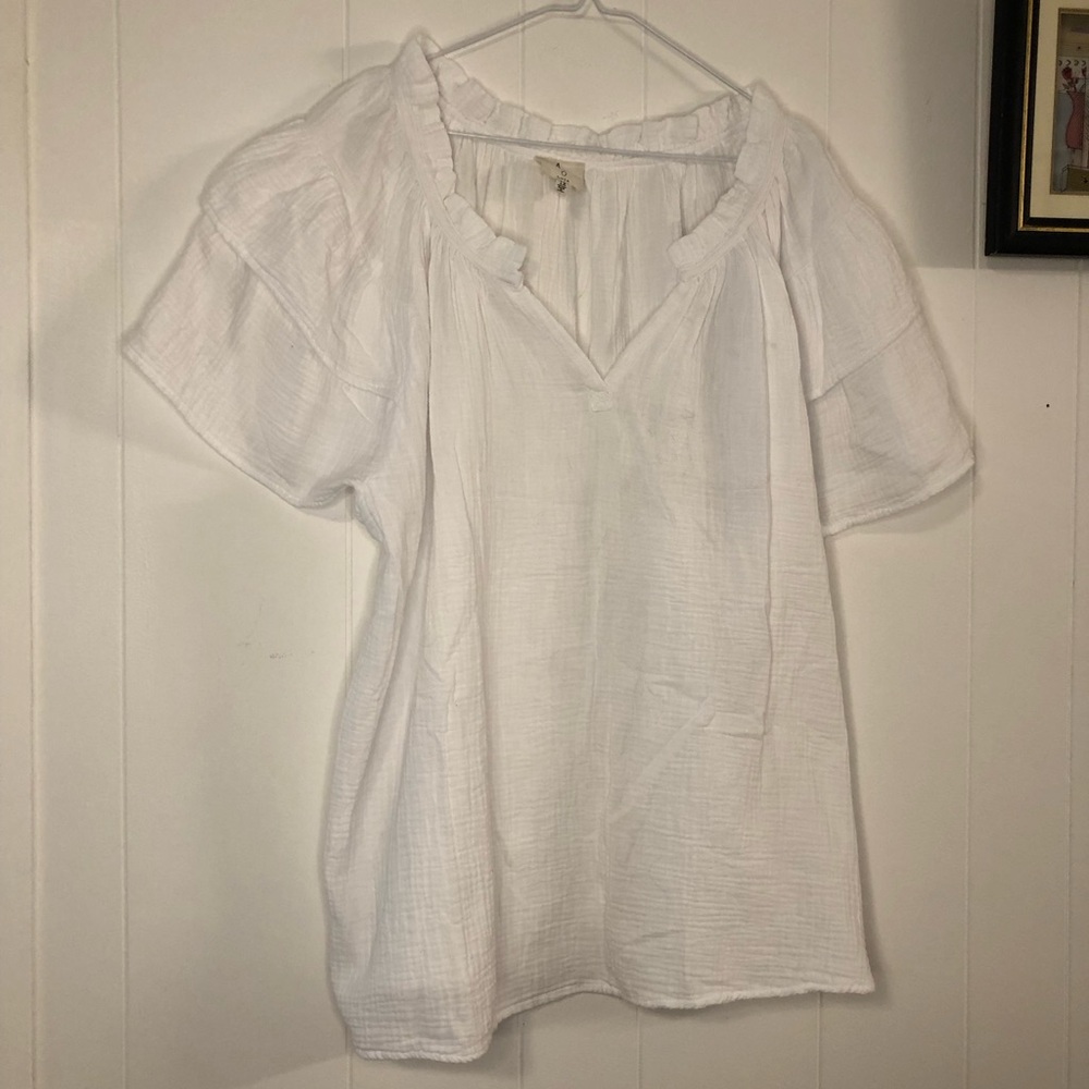 Joie White Gauze Ruffle Puff Sleeve V-Neck Blouse 1X